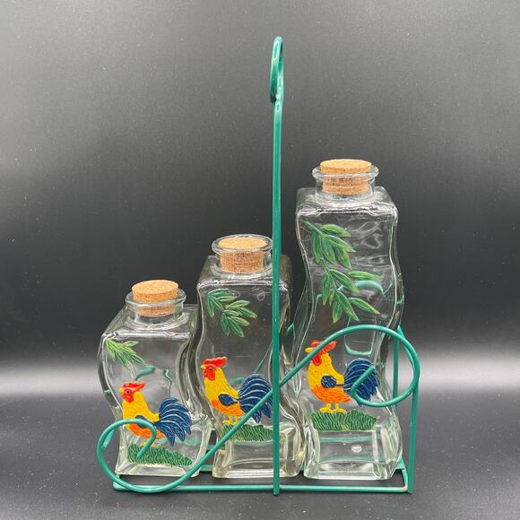 Vintage Hand Painted Rooster Jars with Corks and Carrier - Picture 6 of 9
